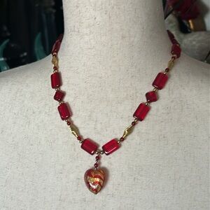 Vintage Venetian Murano Glass Red Heart Necklace